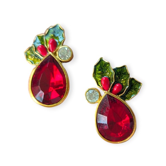 Christmas Ruby Red Green Enamel Holly Berry Rhinestone Stud Earrings - Picture 3 of 5